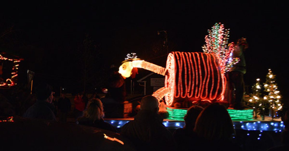 lighted turtle display in a tractor parade at night