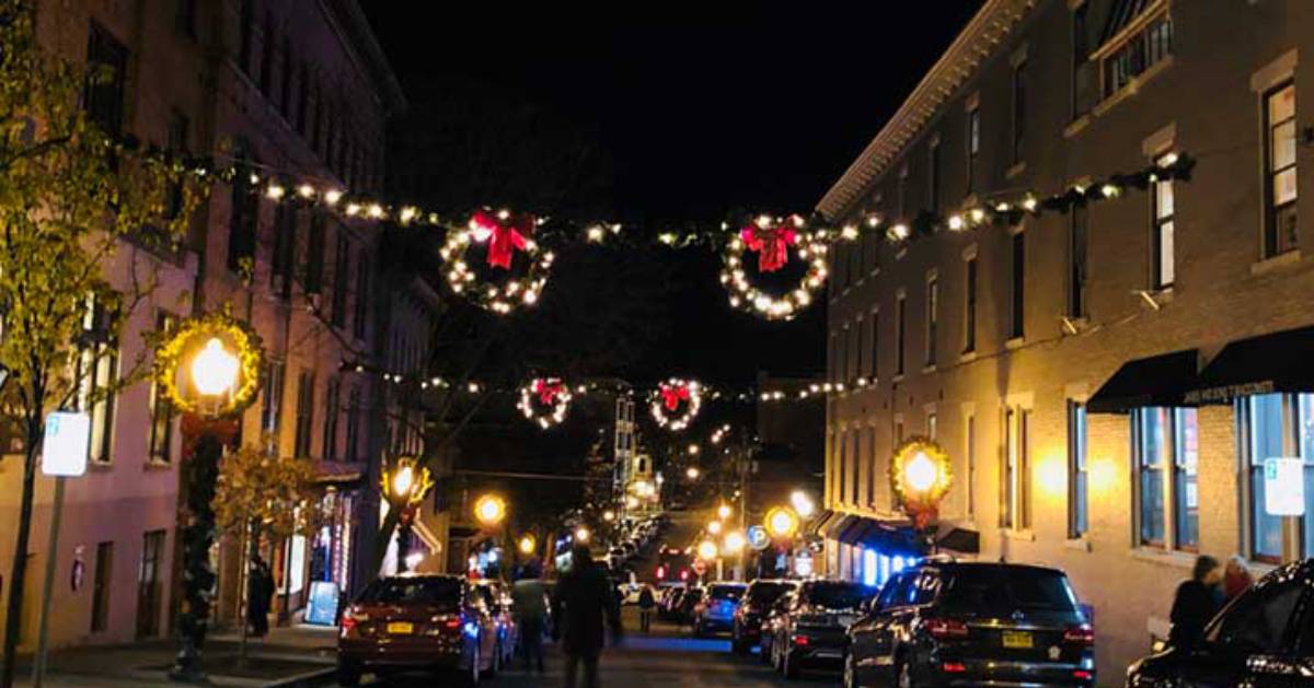 dark street with holiday lights