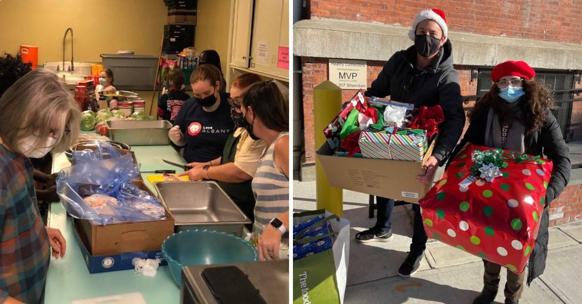 left image of kitchen volunteers and right image of two people delivering presents