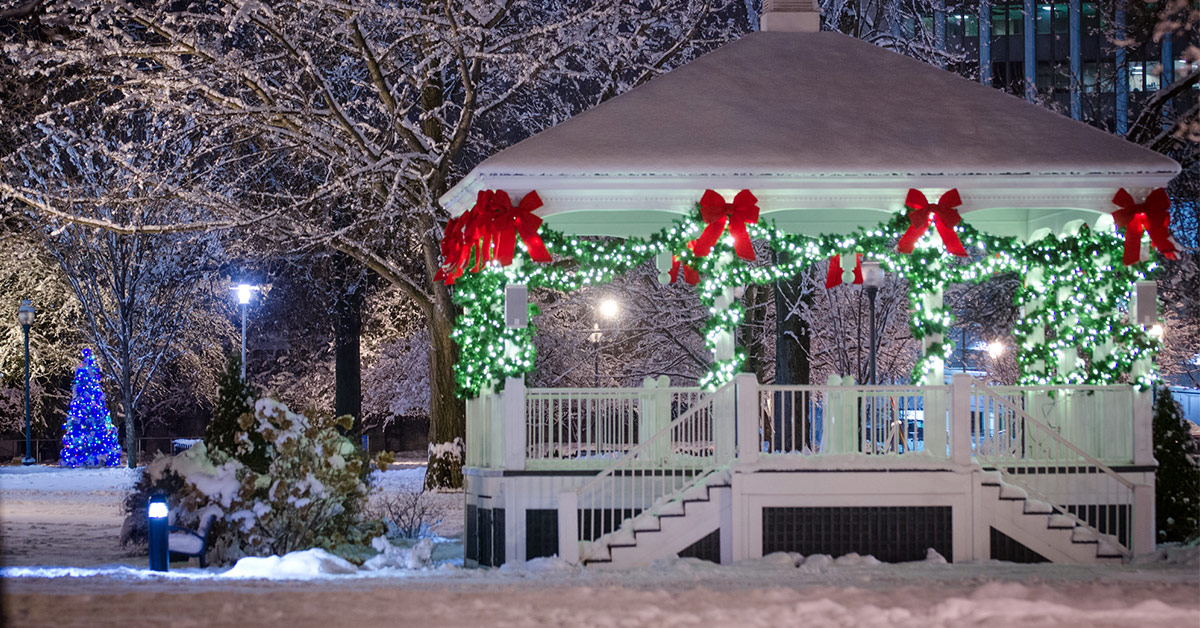 glens falls bandstand with holiday lights and fresh snow