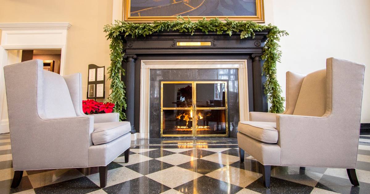 elegant lobby with fire in fireplace