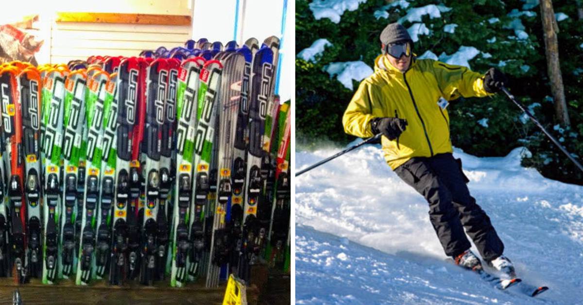 split image with skis on the left and a skier on the right