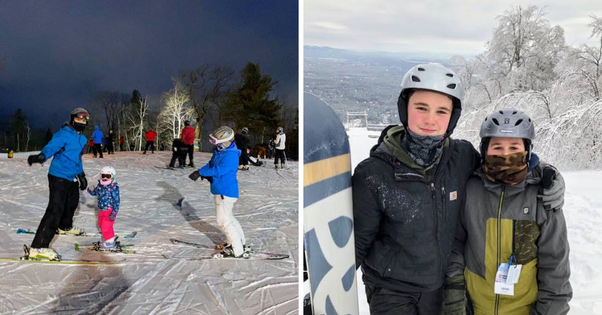 split image with family on skis on the left and two kids with a snowboard on the right