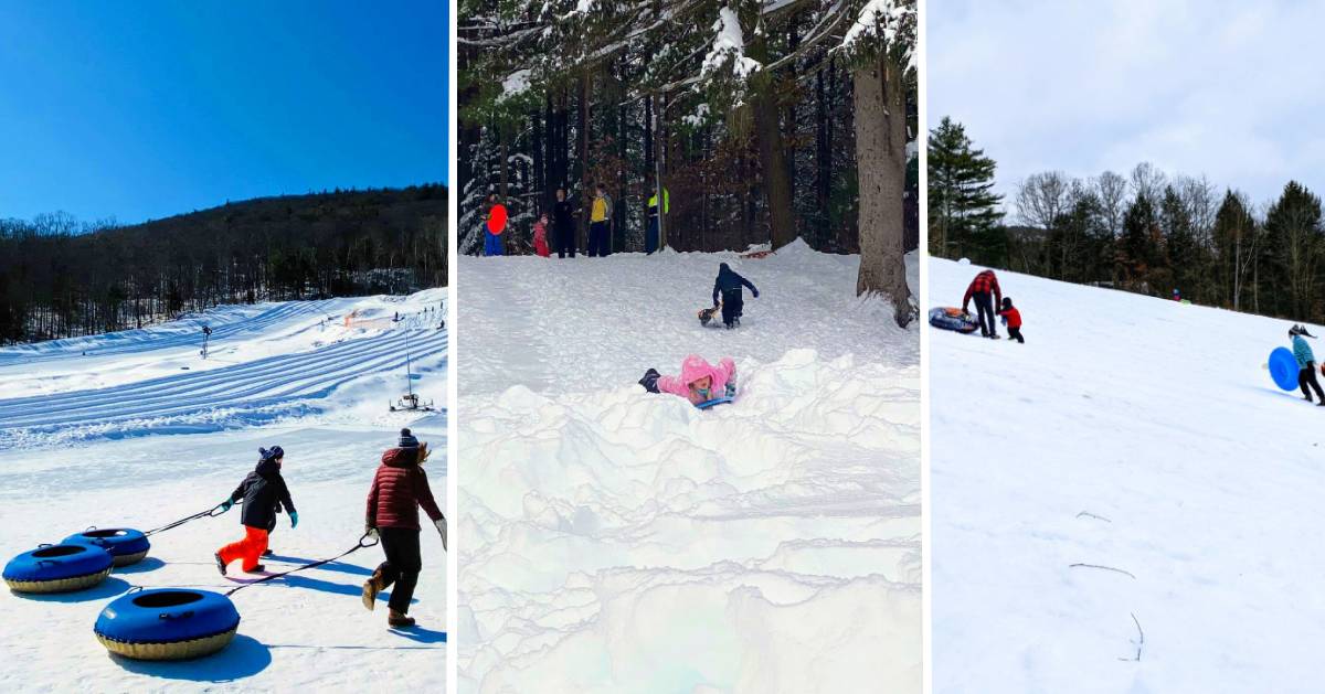 image split in three, all three photos are snow tubing