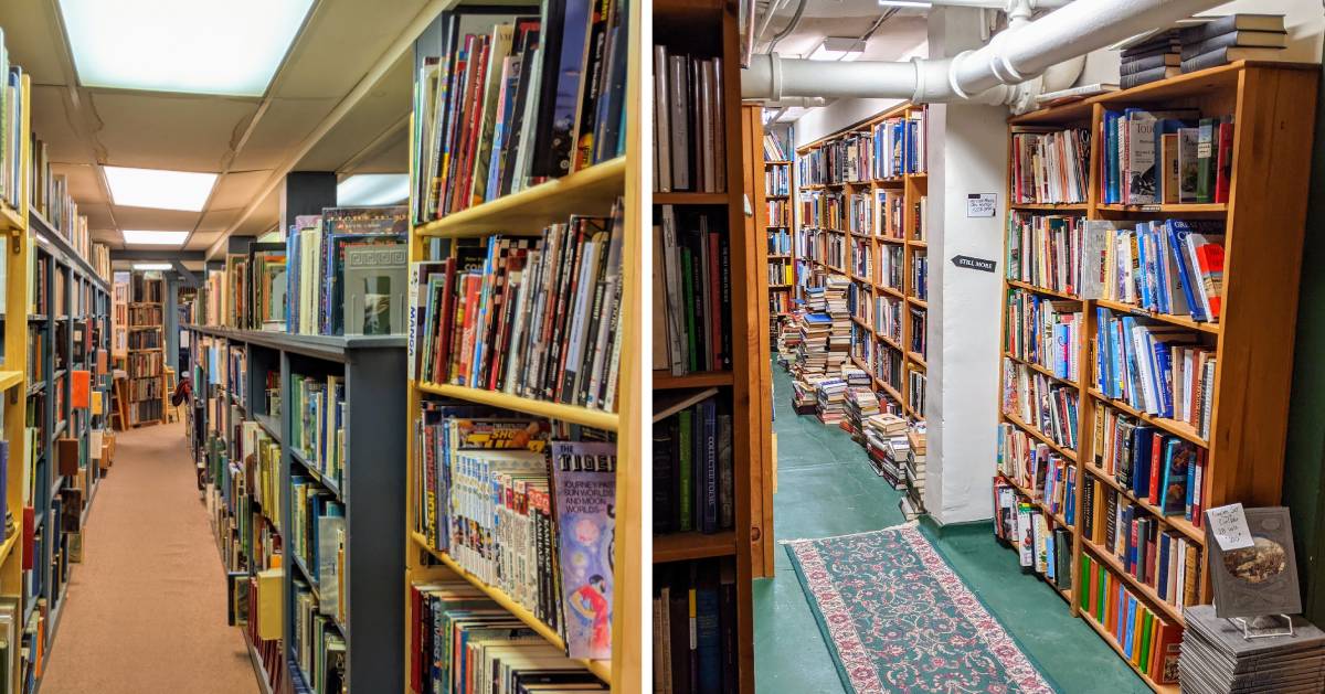 split image with inside of bookstores on each side