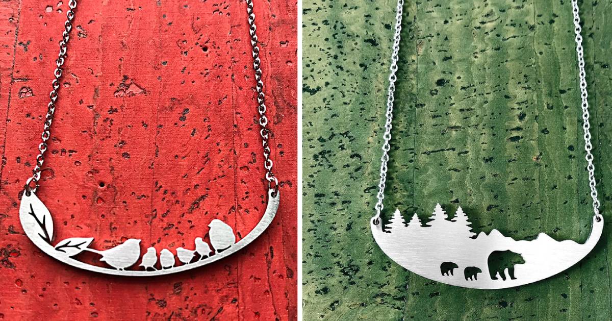split image of two nature-themed necklaces