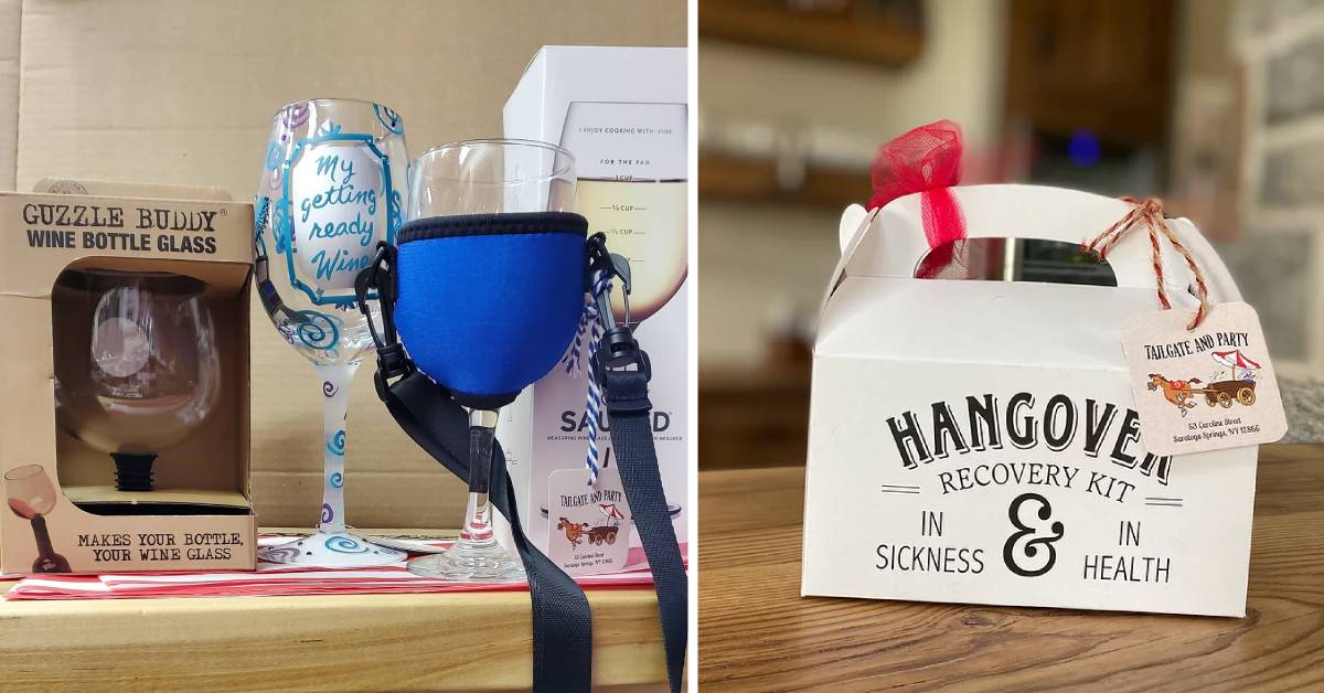 left image of wine holder and right image of hangover kit