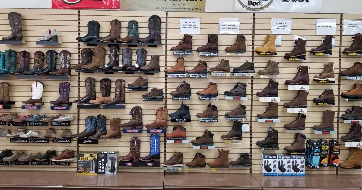 wall of boots on display