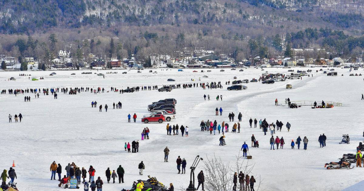 somewhat aerial view of winter carnival on ice