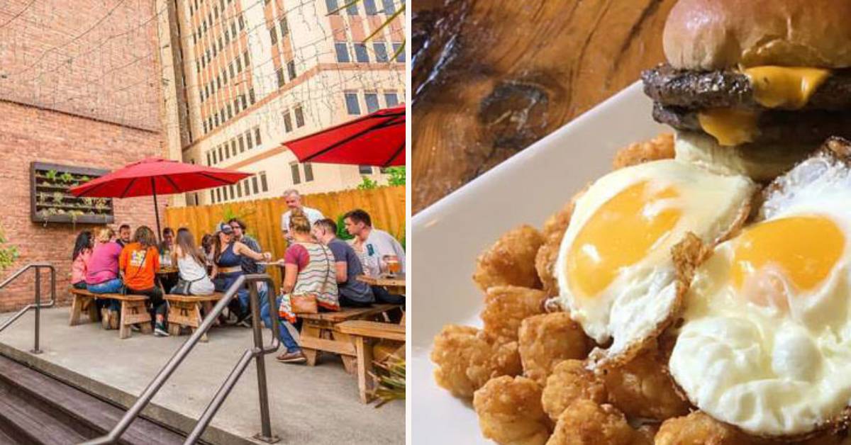 left image of patio dining and right image of eggs and tater tots and burger