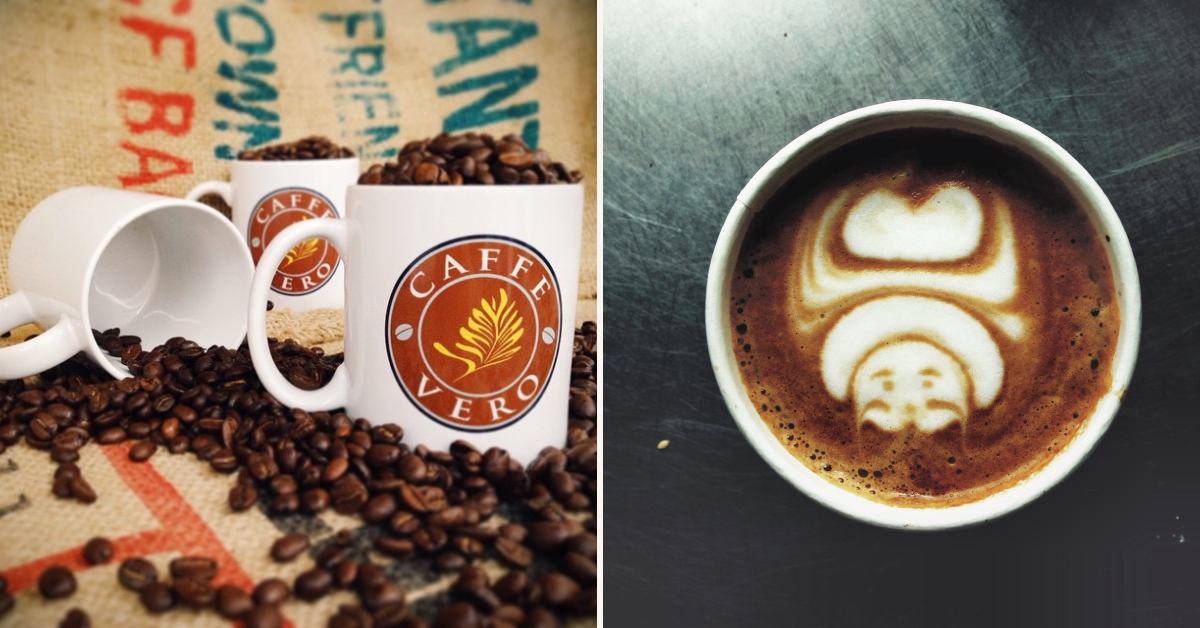 left image of caffe vero mugs and coffee beans and right image of a coffee