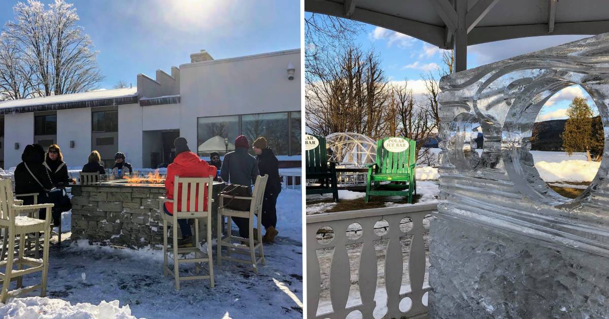 split image with outdoor firepit and ice bar