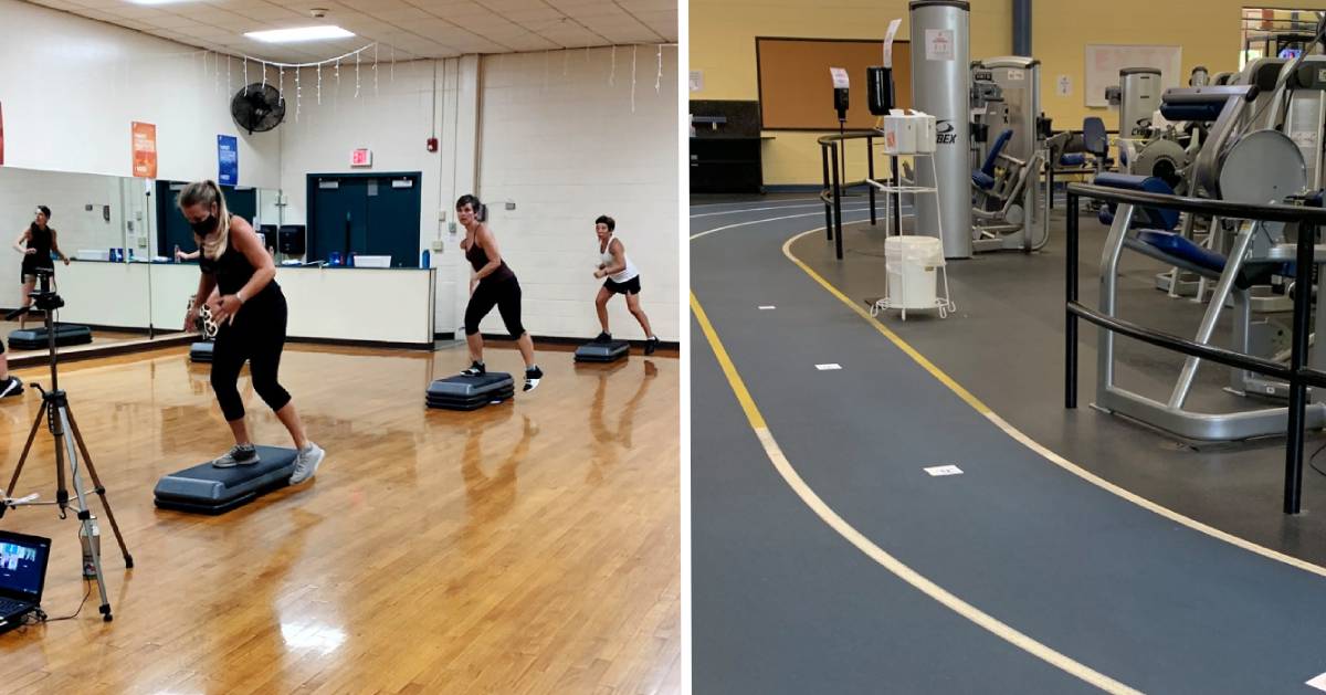 split image with an exercise class on the left and a track on the right									