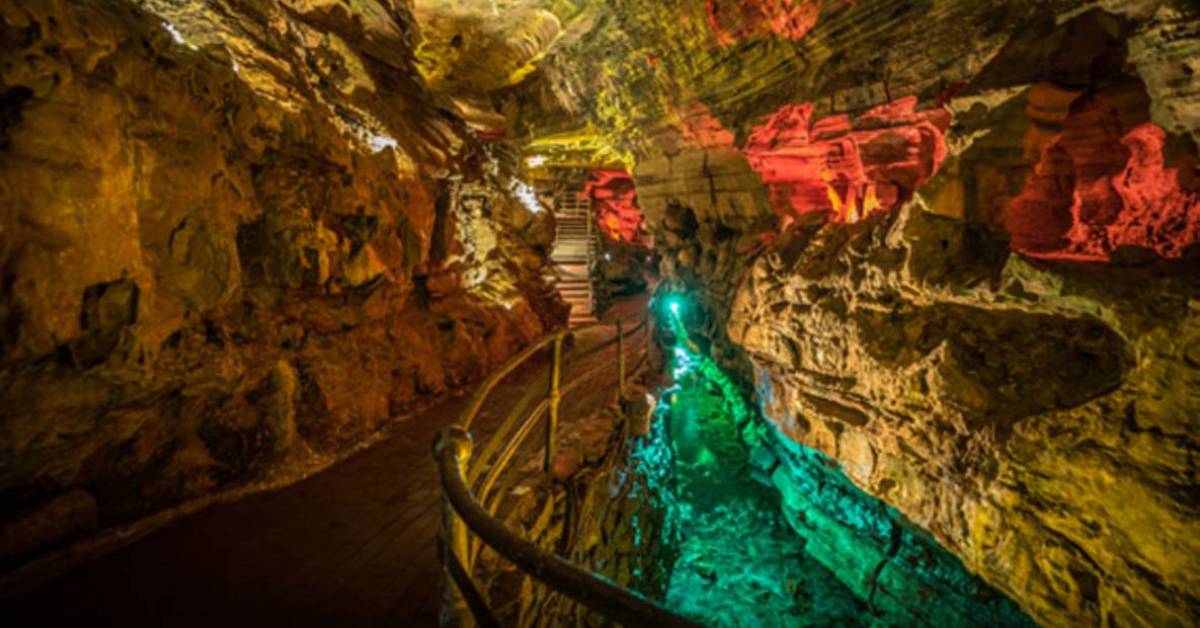 inside of a cave with lights