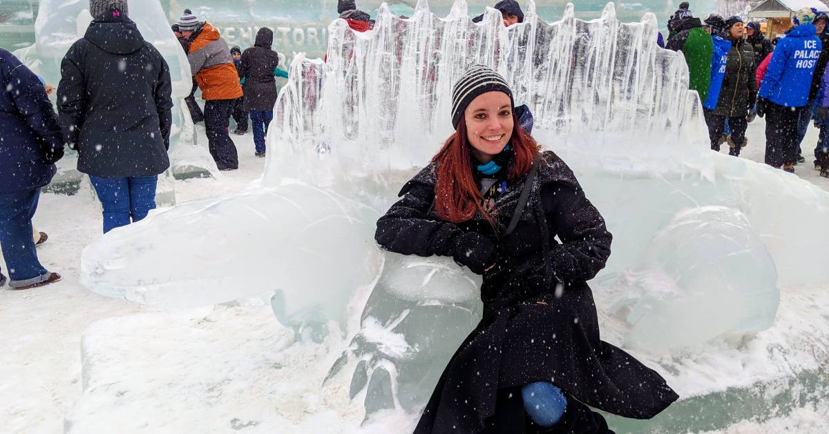 woman on ice bench at ice palace