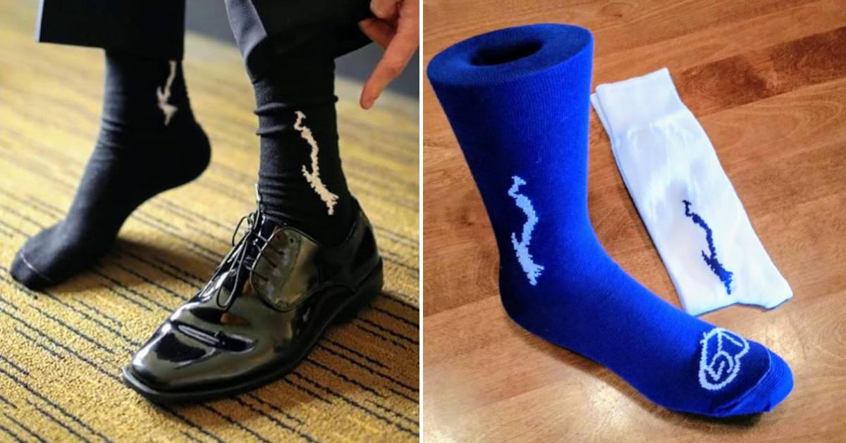 split image with two photos, one with black Lake George shape socks and another with blue