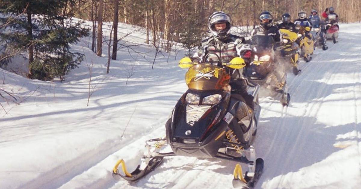 group of snowmobile riders in a row