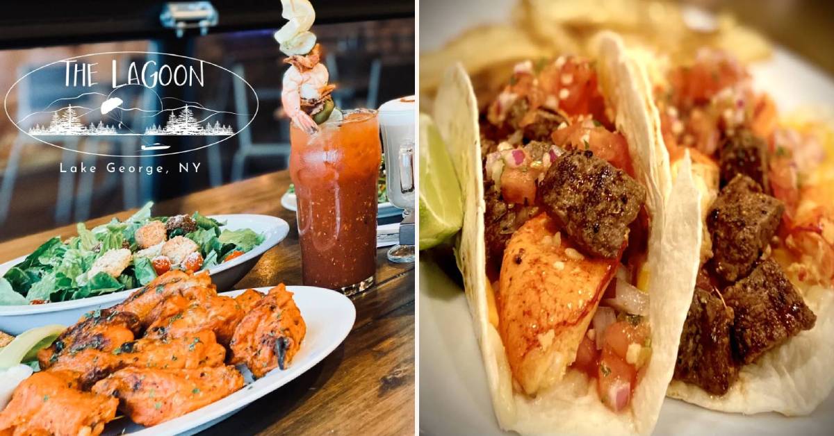left image of food and bloody mary and right image of tacos
