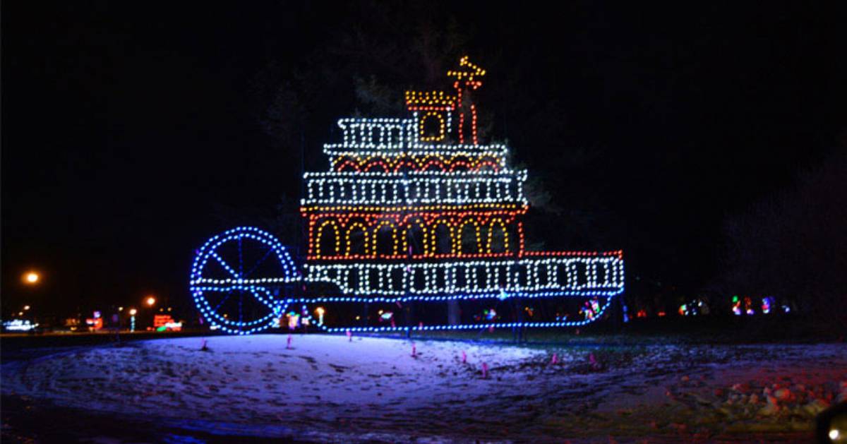 holiday lights display in the shape of a ship