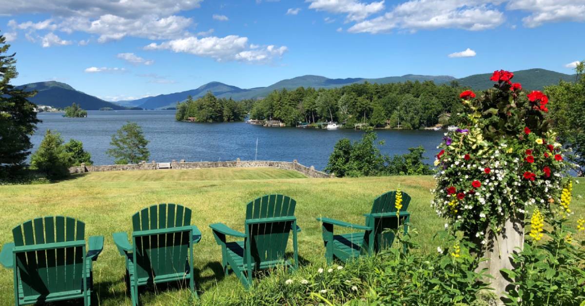 Adirondack chairs by the lake