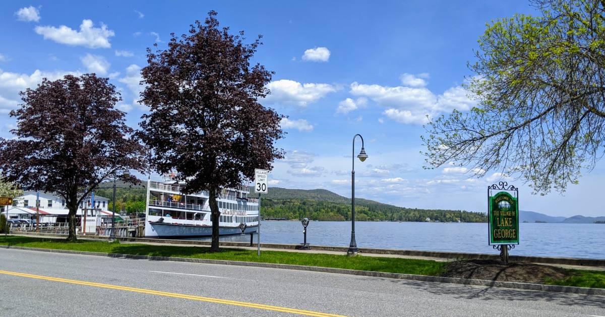 steamboats near Lake George sign by the road