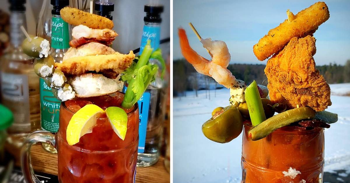 split image with bloody mary packed with stuff on each side