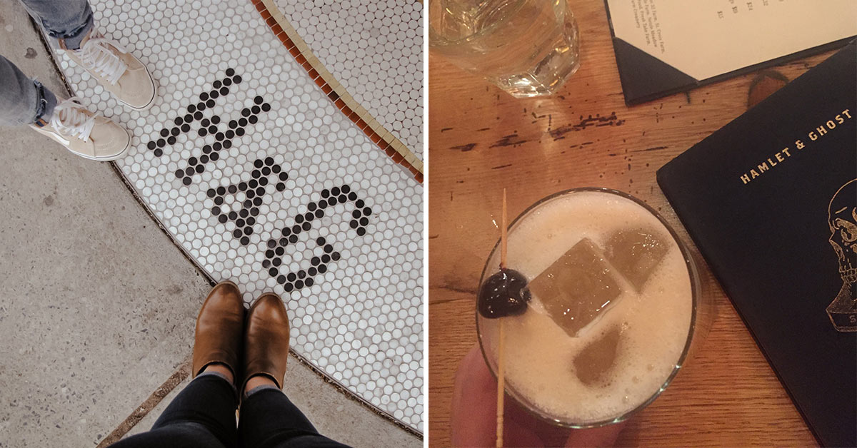 left photo of restaurant logo and shoes and right photo of cocktail