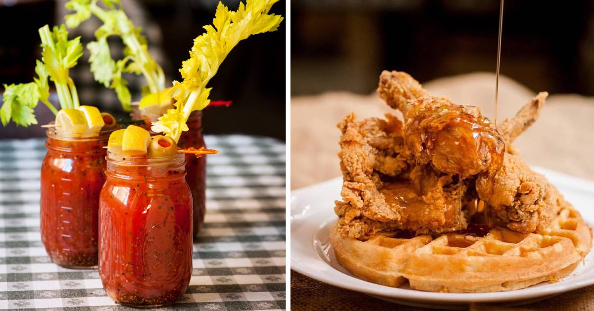 split image with bloody marys on the left and chicken and waffles on the right