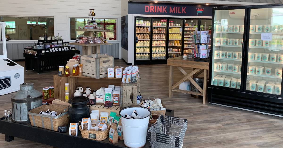 milk fridges and food displays in a farm store