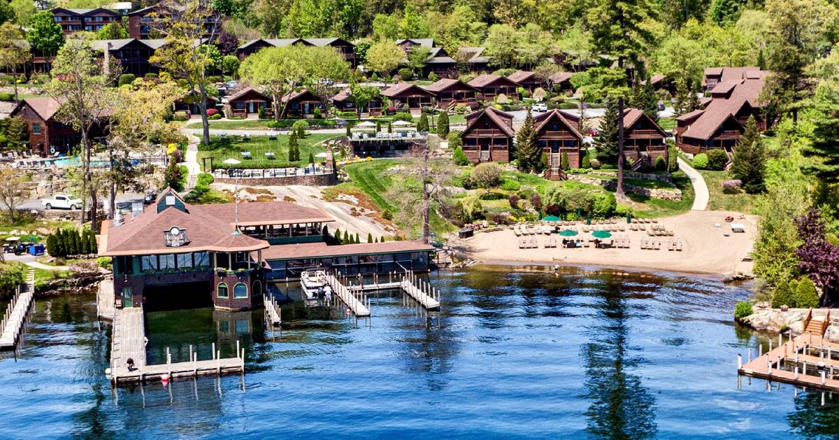 aerial view of lodging by the lake