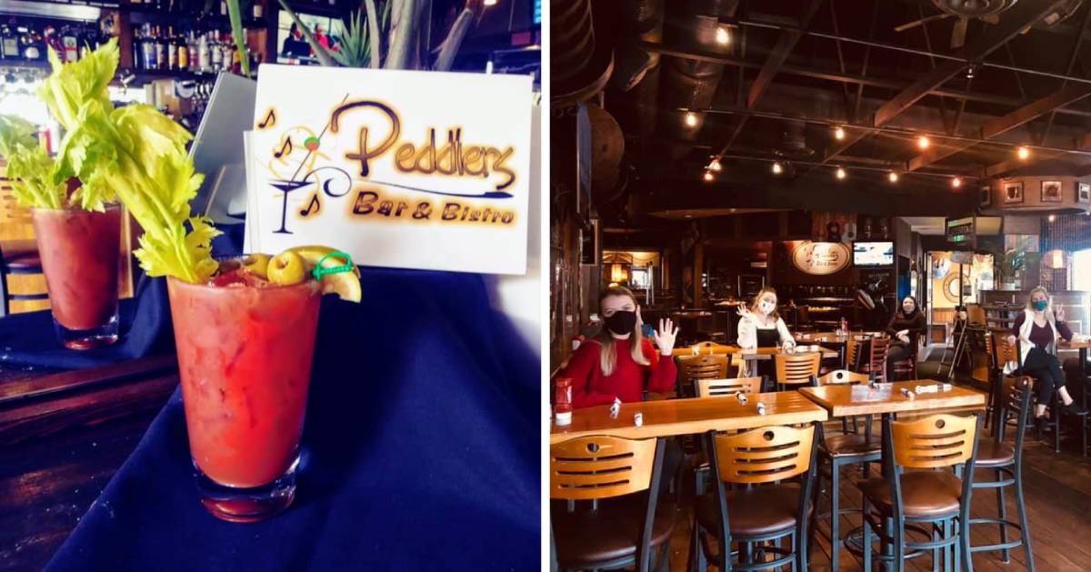 split image with bloody marys on the left and inside of restaurant on the right