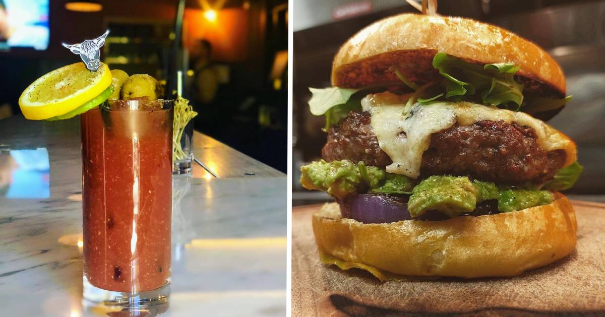 split image with bloody mary on the left and burger on the right