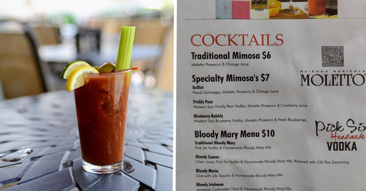 split image with bloody mary on the left and cocktail menu on the right