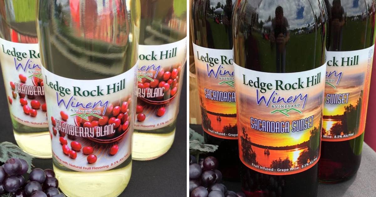 split image with white Ledge Rock Hill Winery wine on the left, and red on the right