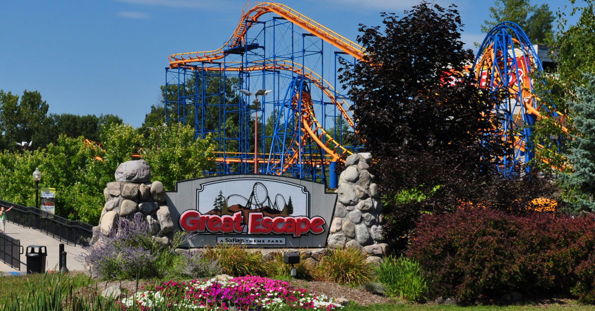 the Great Escape sign and roller coaster