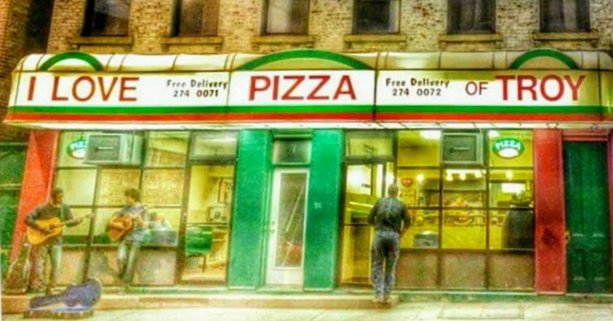 an artistic rendering of the front of I Love NY Pizza in Troy