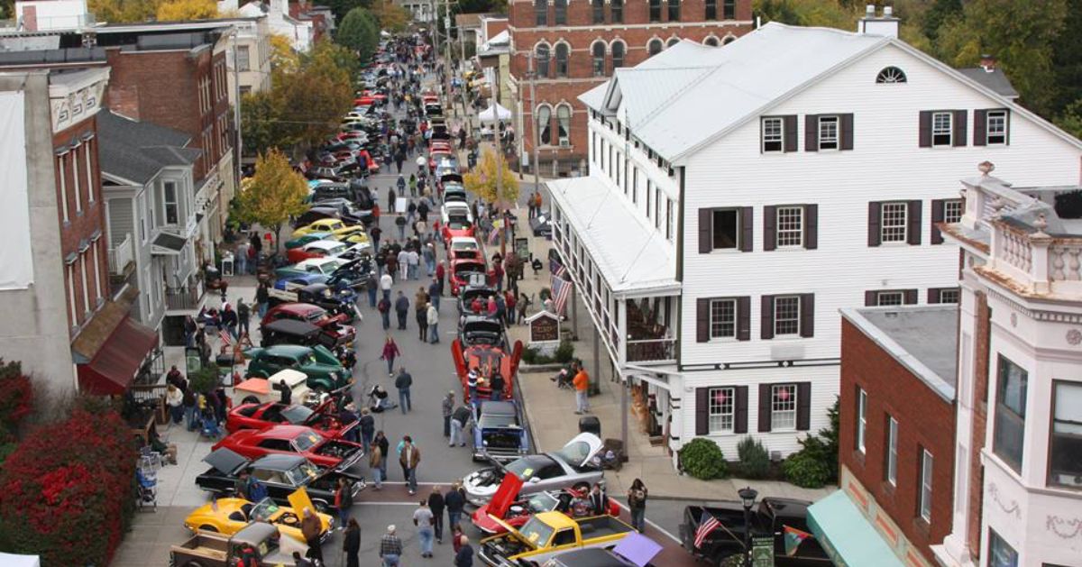 overhead view of a car show