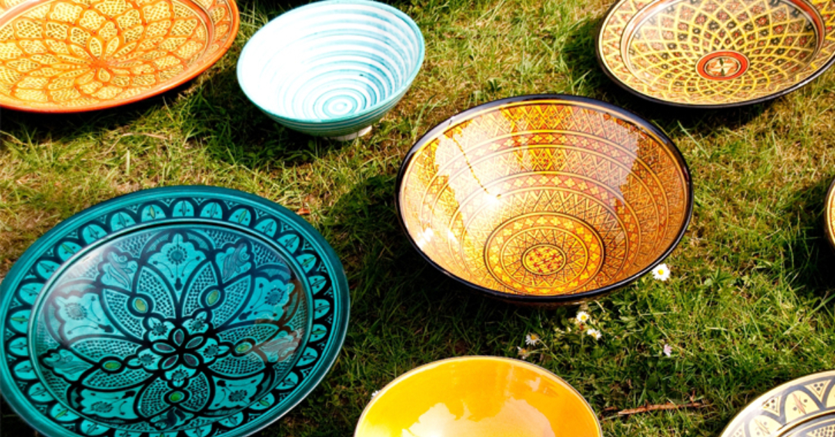 decorative bowls displayed on grass