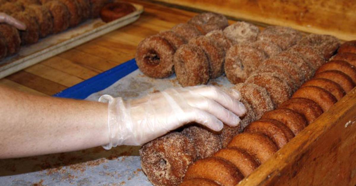 a gloved hand reaching for cider doughnuts lined up on a sort of wooden tray