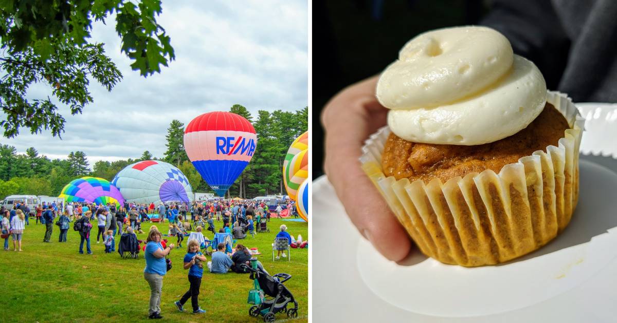 split image with balloon festival on left and a cupcake on the right