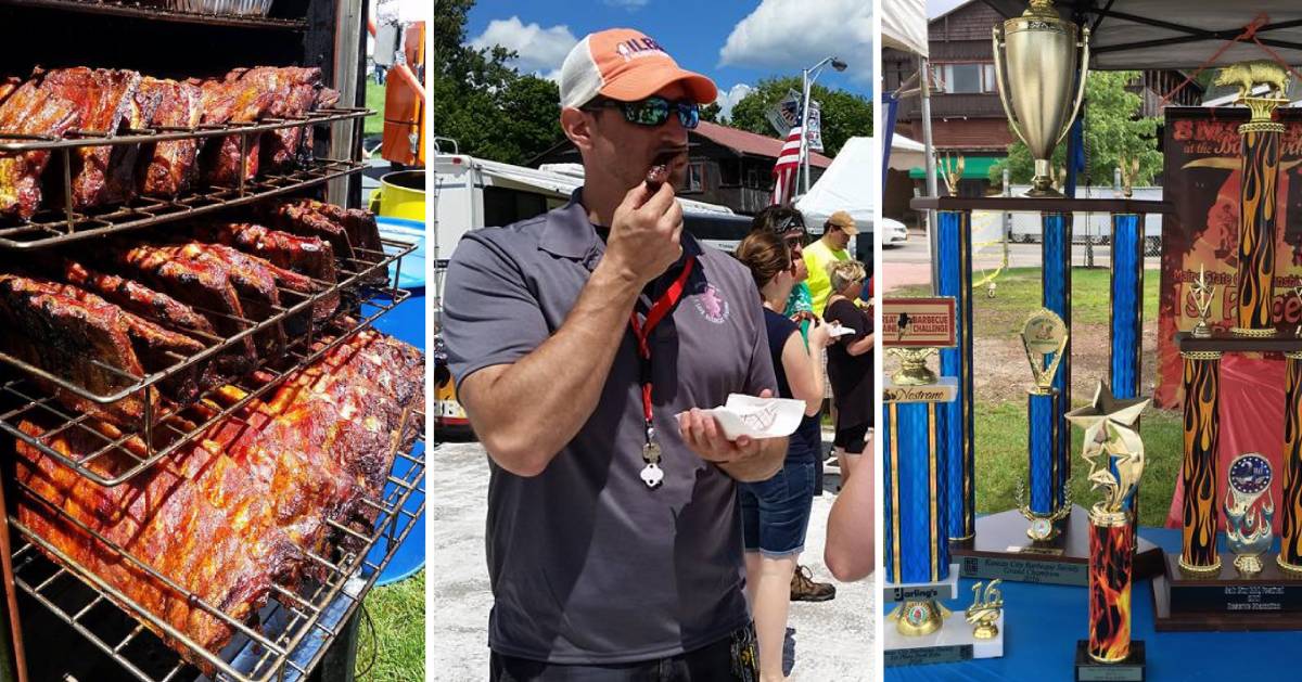 image split in three of barbecue on the grill, man eating barbecue, and barbecue trophies