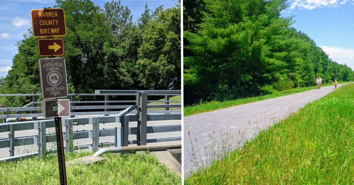 split image with bikeway and towpath trail signs on the left and bikers in the distance on the right