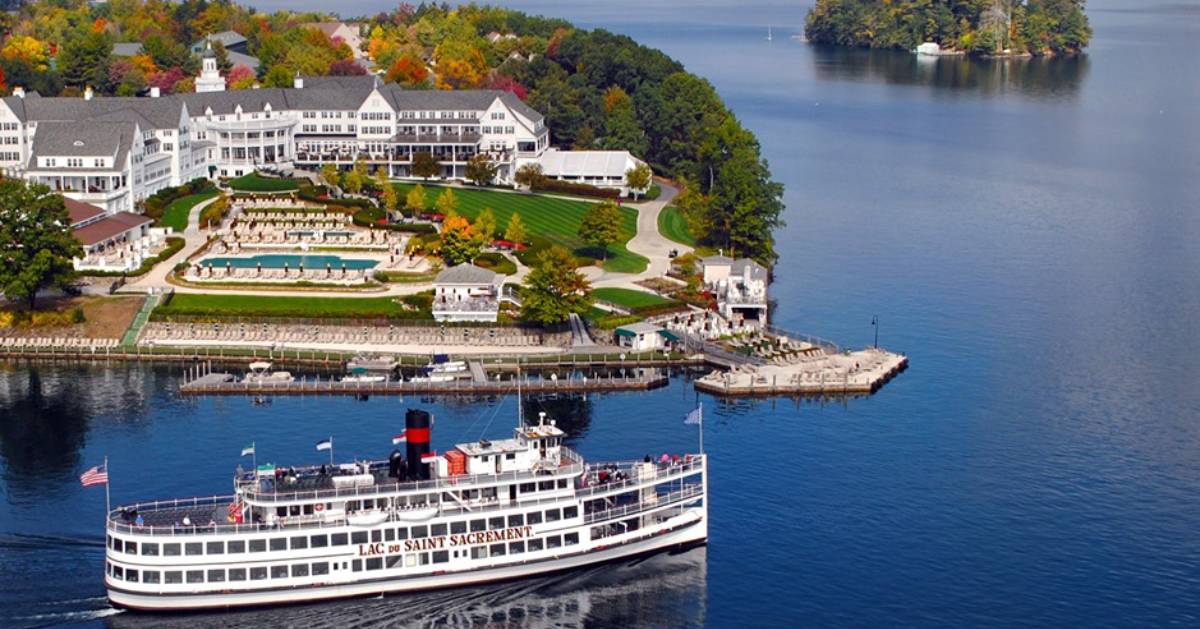 aerial view of steamboat going by Sagamore Resort in fall