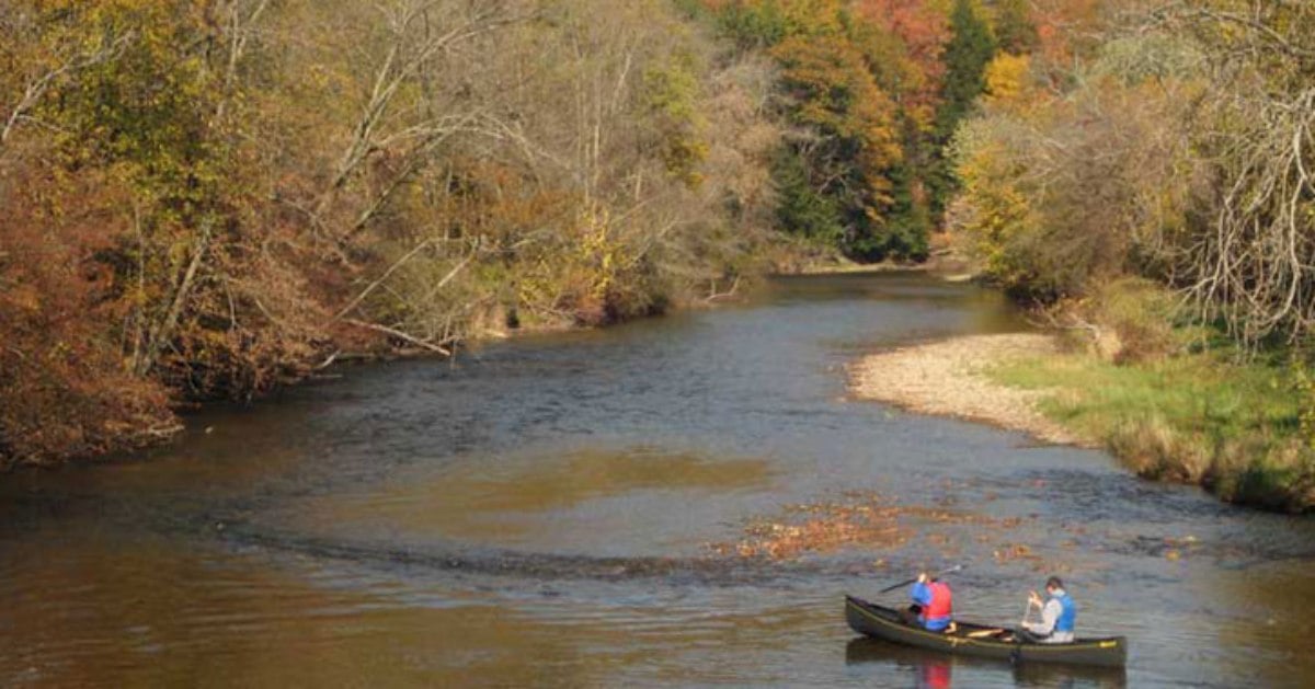 a canoe in a river during autumn