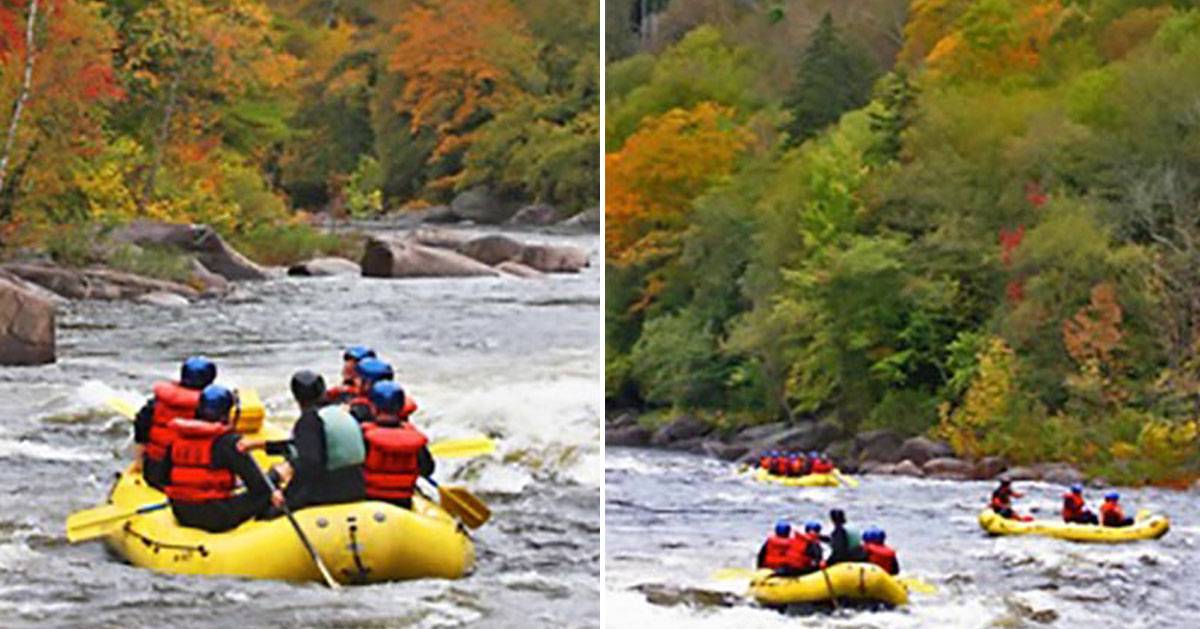 split image of whitewater rafters in the fall