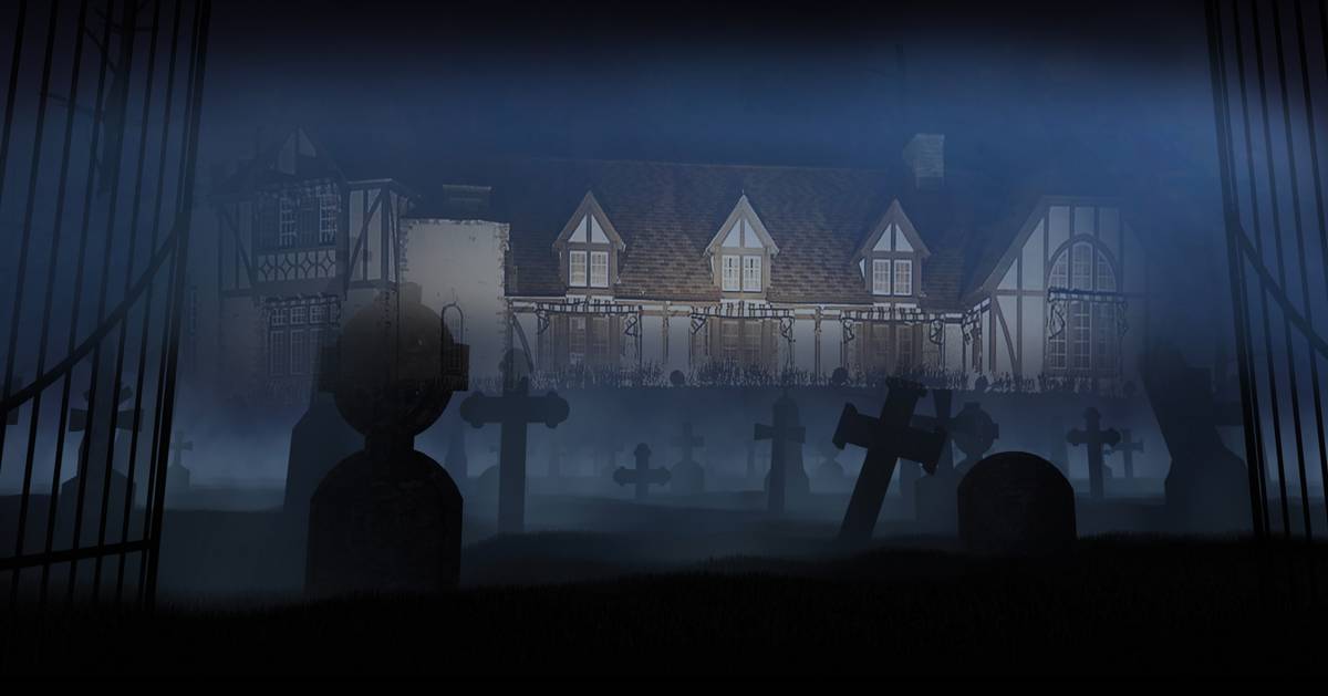 shadowy image of a cemetery and a haunted house