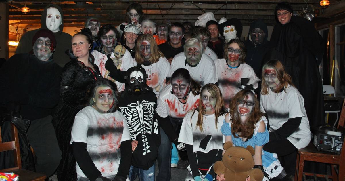 large group dressed up for Halloween
