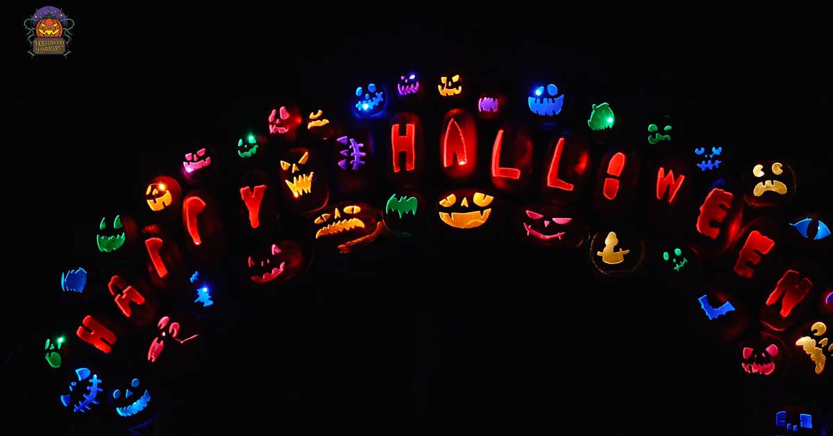 colorful jack o lanterns in an arch shape