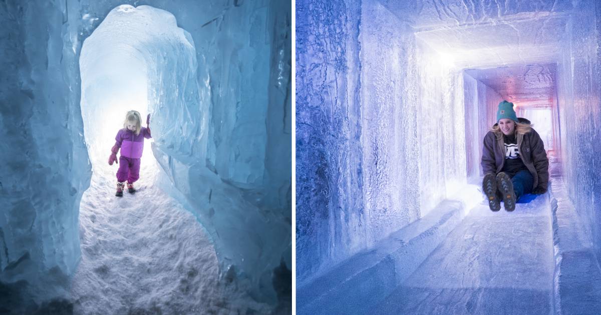 split image with toddler girl on the left at ice castles and older girl on the right on an ice castle slide