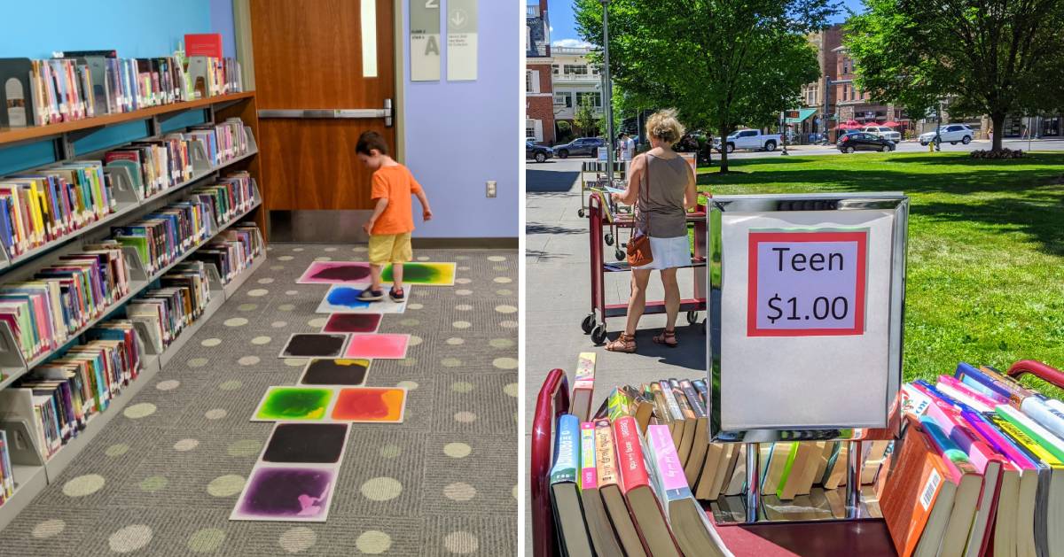 split image with little boy in library on the left and books on carts sale on the right